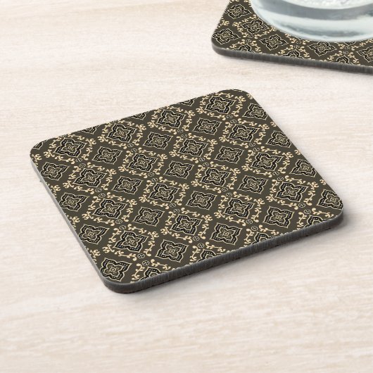 金ゴールドN茶色の幾何学的パターン/インディアンプリント コースター (左側)
