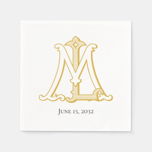 金ゴールドNapkinsのLMまたはMLモノグラムアンティークヴィンテージ スタンダードカクテルナプキン (正面)