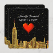 金ゴールドNYCスカイライン01エッチングハート星SQ甘い16 招待状 (正面/裏面)