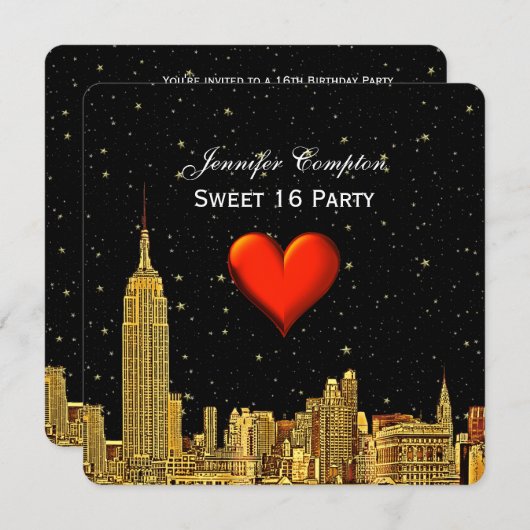 金ゴールドNYCスカイライン01エッチングハート星SQ甘い16 招待状 (正面/裏面)