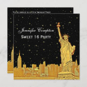 金ゴールドNYCスカイライン#2エッチスターリーDIY BG SQ Sweet 16 招待状 (正面/裏面)