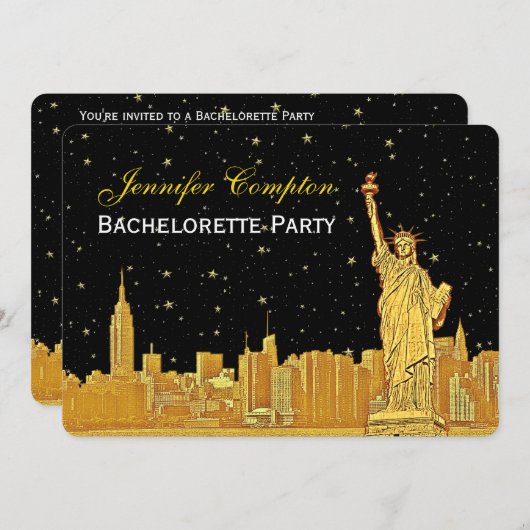 金ゴールドNYCスカイライン#2ブラックスタリーBGHブライダルシャワー 招待状 (正面/裏面)