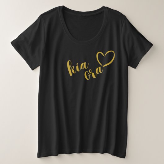 金ゴールドNZ KIA ORA AOTEAROAニュージーランド愛ハート プラスサイズTシャツ (デザイン正面)