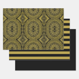 金ゴールドOn Black Mandala Wrapping Sheet of 3 ラッピングペーパーシート