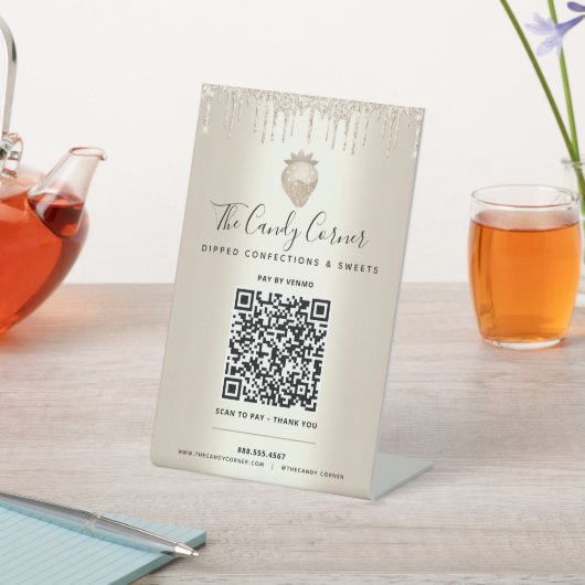 金ゴールドQRコードここでイチゴグリッタードリップ 台座サイン (インサイチュ)