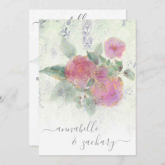 *~*金ゴールドQR AR12ダマスクRSVPローズブーケ結婚ーズ 招待状 (正面/裏面)