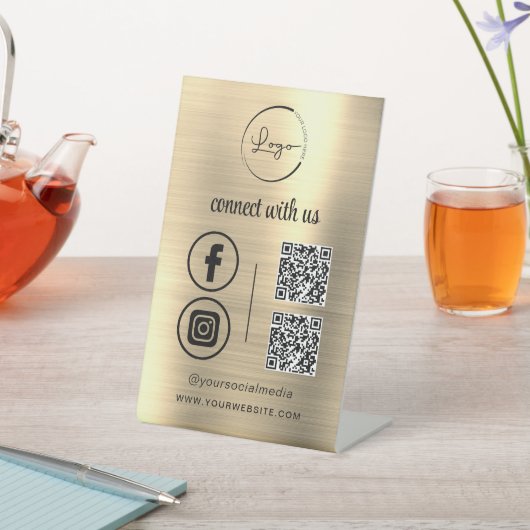 金ゴールドQR Connect With Usビジネスロゴソーシャルメディア 台座サイン (インサイチュ)