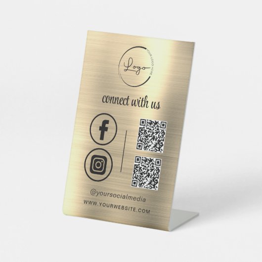 金ゴールドQR Connect With Usビジネスロゴソーシャルメディア 台座サイン (正面)
