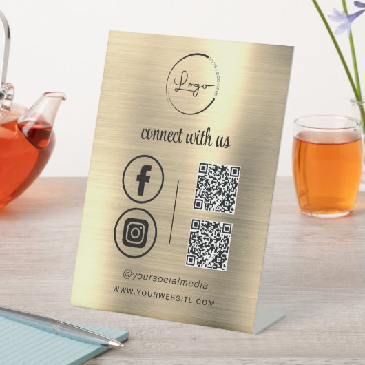 金ゴールドQR Connect With Usビジネスロゴソーシャルメディア 台座サイン (インサイチュ)