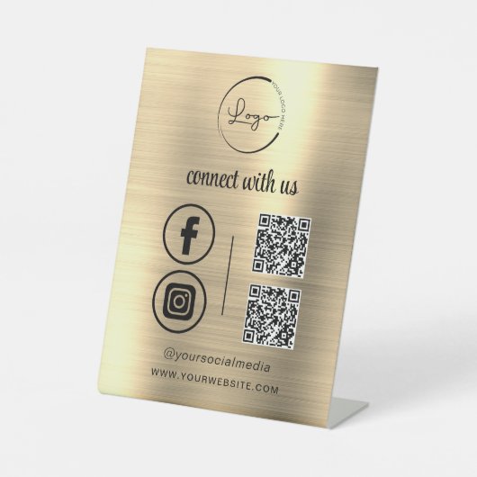 金ゴールドQR Connect With Usビジネスロゴソーシャルメディア 台座サイン (正面)
