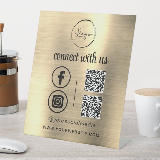 金ゴールドQR Connect With Usビジネスロゴソーシャルメディア 台座サイン (インサイチュ)