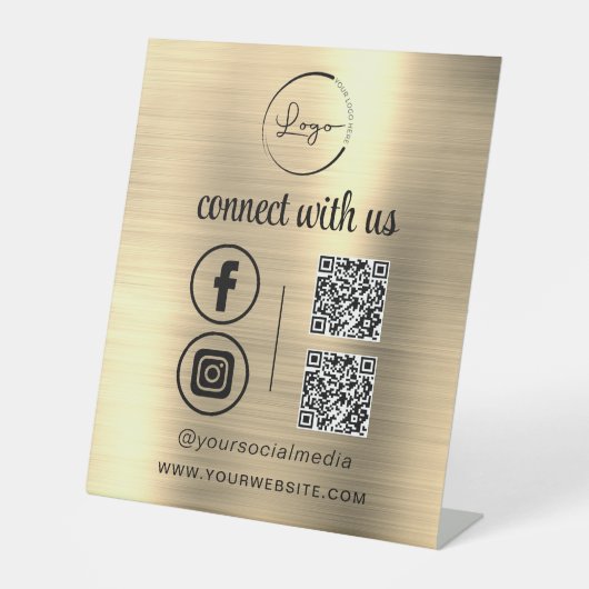 金ゴールドQR Connect With Usビジネスロゴソーシャルメディア 台座サイン (正面)