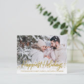 金ゴールドScript写真の最も幸せな休日クリスマス ポストカード (スタンド正面)