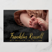 金ゴールドSCRIPT名boyベビー誕生のお知らせ 箔招待状 (正面)