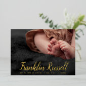 金ゴールドSCRIPT名boyベビー誕生のお知らせ 箔招待状 (立ち正面)