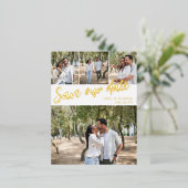 金ゴールドScript 4結婚写真救の日付 箔招待状ポストカード (立ち正面)