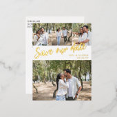 金ゴールドScript 4結婚写真救の日付 箔招待状ポストカード (正面/裏面)