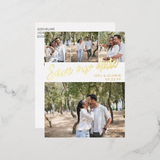 金ゴールドScript 4結婚写真救の日付 箔招待状ポストカード (正面/裏面)