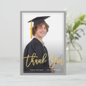 金ゴールドScript Gray & Blue卒業写真ありがとう 案内状 (スタンド正面)