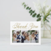 金ゴールドScript Three Photo Collage'結婚s Thank You ポストカード (スタンド正面)