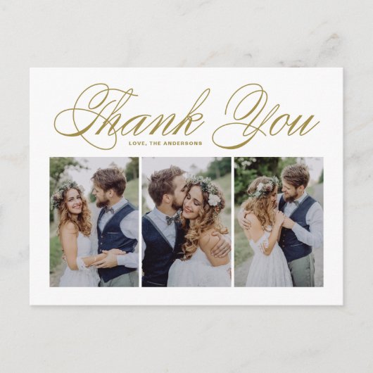 金ゴールドScript Three Photo Collage'結婚s Thank You ポストカード (正面)