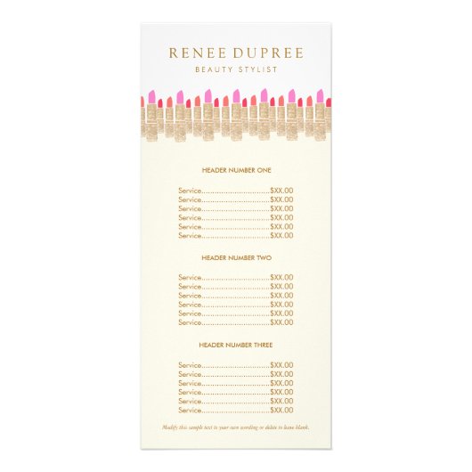 金ゴールドSequin Lipstickメイクアップアーティスト価格表メニュー ラックカード (正面)