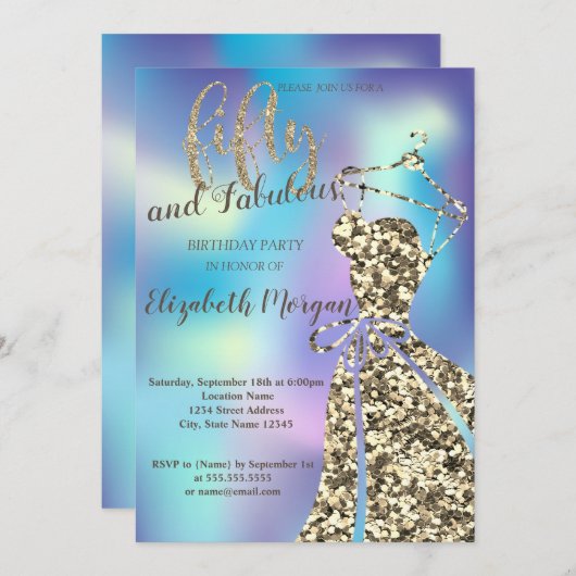金ゴールドSequinsDress,ホログラフィック50th誕生日パーティー 招待状 (正面/裏面)