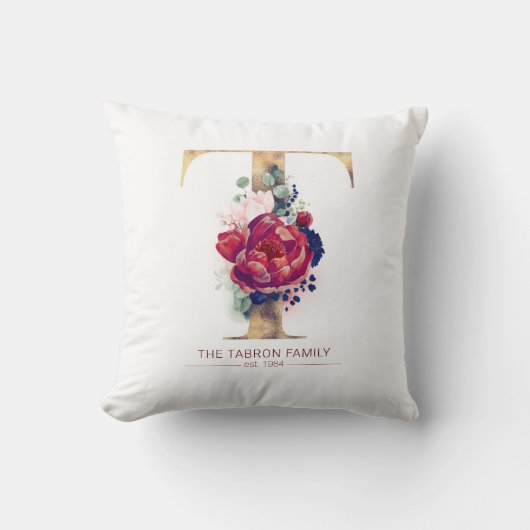 金ゴールドTモノグラムフローラブルゴーニュ赤とネイビーブルー クッション (正面)