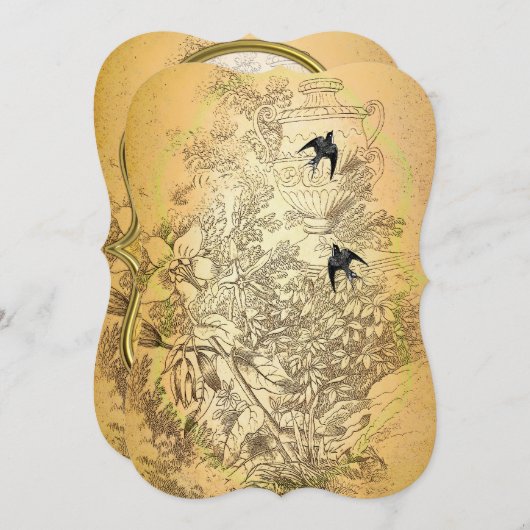 金ゴールドurnヴィンテージバード結婚式招待状 招待状 (正面/裏面)