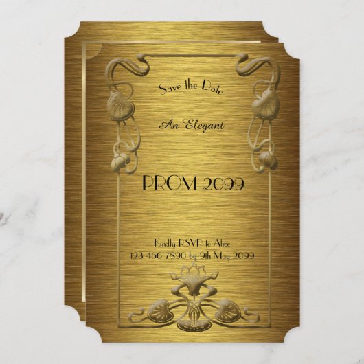 、金ゴールドXの金ゴールド年長後輩、プロム花柄、アールデコ 招待状 (正面/裏面)