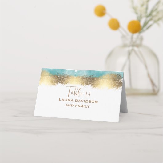 金シンプル箔とアクアブルーのミニマ縁どリスト プレイスカード (裏面)