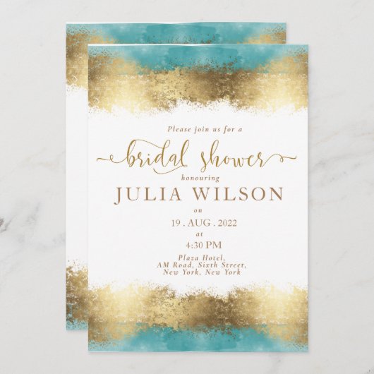 金シンプル箔アクアブルー縁どブライダルシャワー 招待状 (正面/裏面)