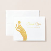 金シンプル貨を持つ女性手に感謝の言葉を贈る 箔カード (封筒付き正面)