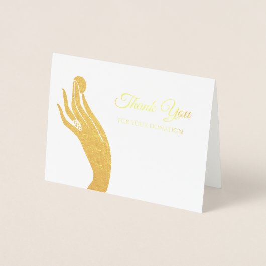 金シンプル貨を持つ女性手に感謝の言葉を贈る 箔カード (正面)