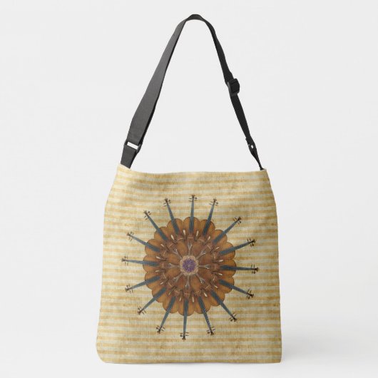 金ストライプのヒマワリのバイオリンの万華鏡のように千変万化するパターン クロスボディバッグ (裏面)