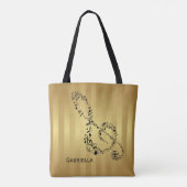 金ストライプの黒のト音記号音楽ノート トートバッグ (裏面)