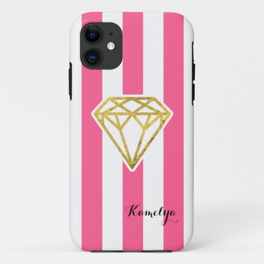 金ストライプ箔ダイヤモンド付きピンク色のダイヤモンド Case-Mate iPhoneケース (裏面)