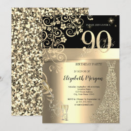 金スパンコールドレスとガラスフラワーの90歳の誕生日プレゼント 招待状