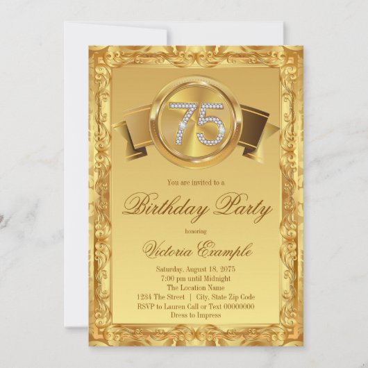 金ダイヤモンドスワール女性の75歳の誕生日 招待状 (正面)