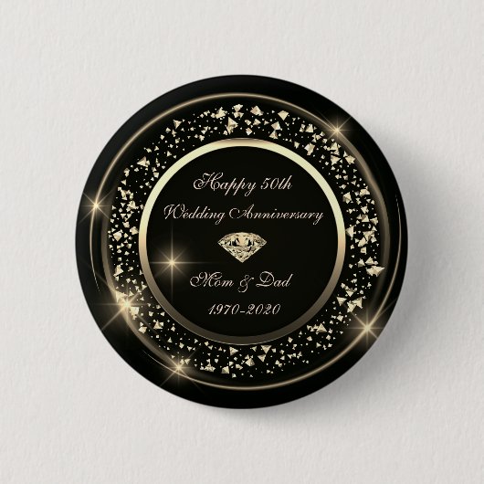 金ダイヤモンド光沢ブラック50回結婚記念日 缶バッジ (正面)