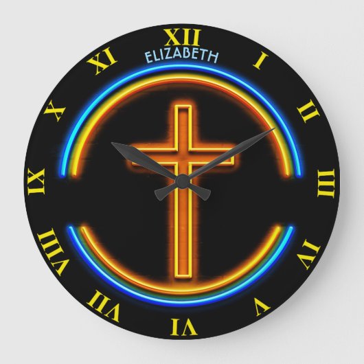 金ネオン白熱［赤熱］光を放つでサイケデリックなキリスト教のイエス・キリスト ラージ壁時計 (正面)