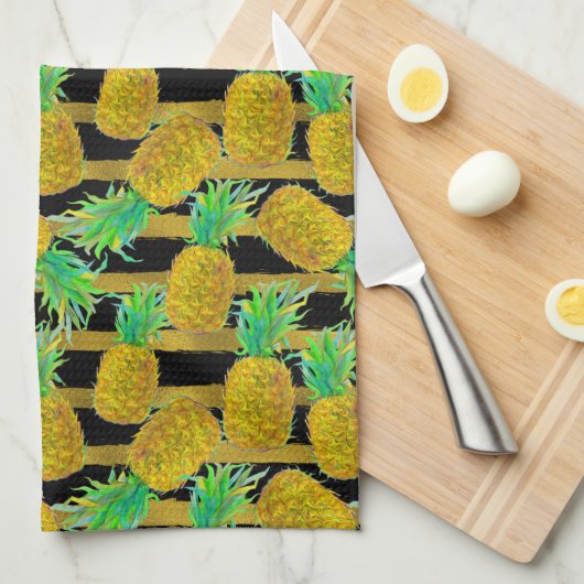 金パイナップルはの縞で飾ります キッチンタオル (四つ折り)