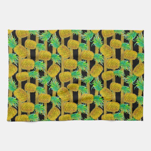 金パイナップルはの縞で飾ります キッチンタオル (横)