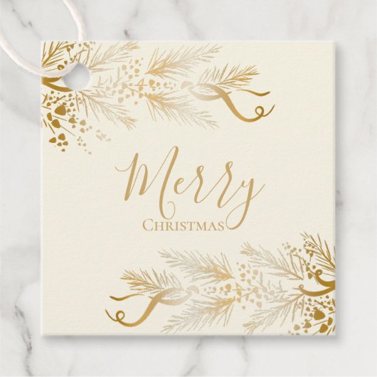 金パーソナライズされた松エレガントメリークリスマス フェイバータグ (正面)