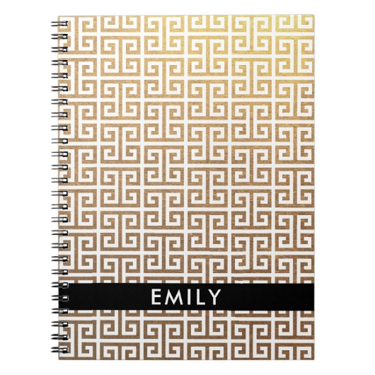 金パーソナライズされた箔と白ギリシャ鍵 ノートブック (正面)
