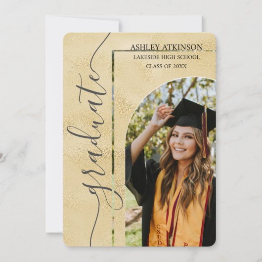 金パーソナライズされた箔グリッター写真卒業 招待状 (正面)