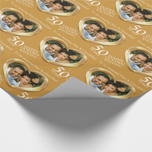 金パーソナライズされた結婚金記念写真 ラッピングペーパー (角)