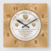 金パーソナライズされた金結婚製の記念日 スクエア壁時計 (正面)