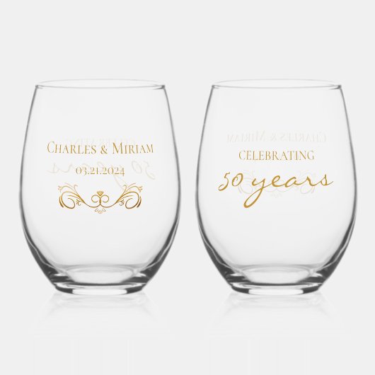 金パーソナライズされた金50周年記念ギフト ステムなしワイングラス (裏面)