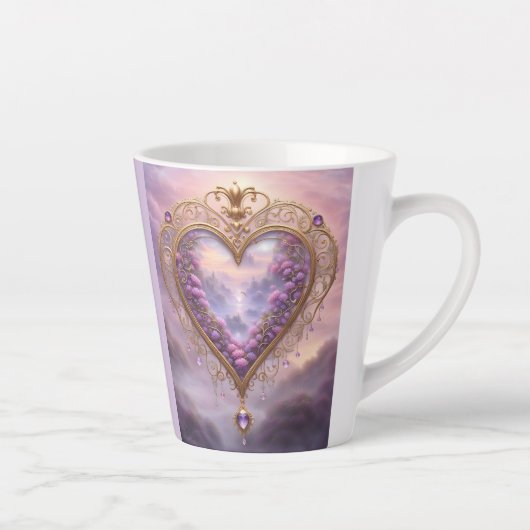 金ビクトリアンのハートと薄紫の花、ヴィンテージ カフェラテマグ (右)